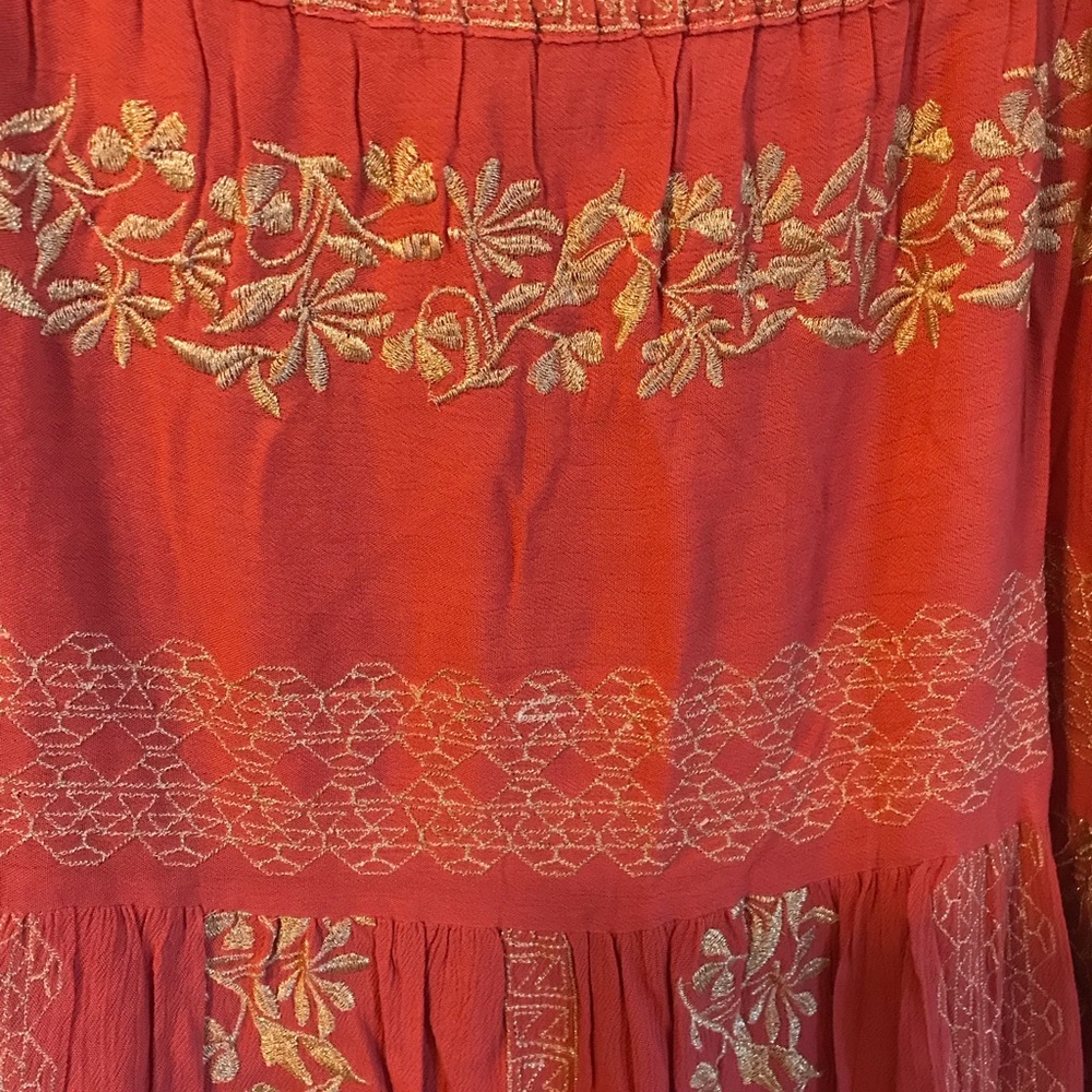 Hale Bob Regan Maxi Skirt Embroidered Rayon Crinkle Gauze Sz. Small Coral & Gold - Picture 4 of 14